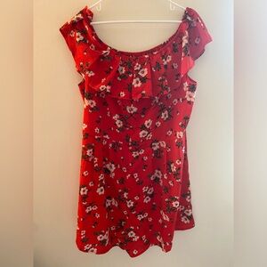 Red floral off the shoulder plus sized romper
